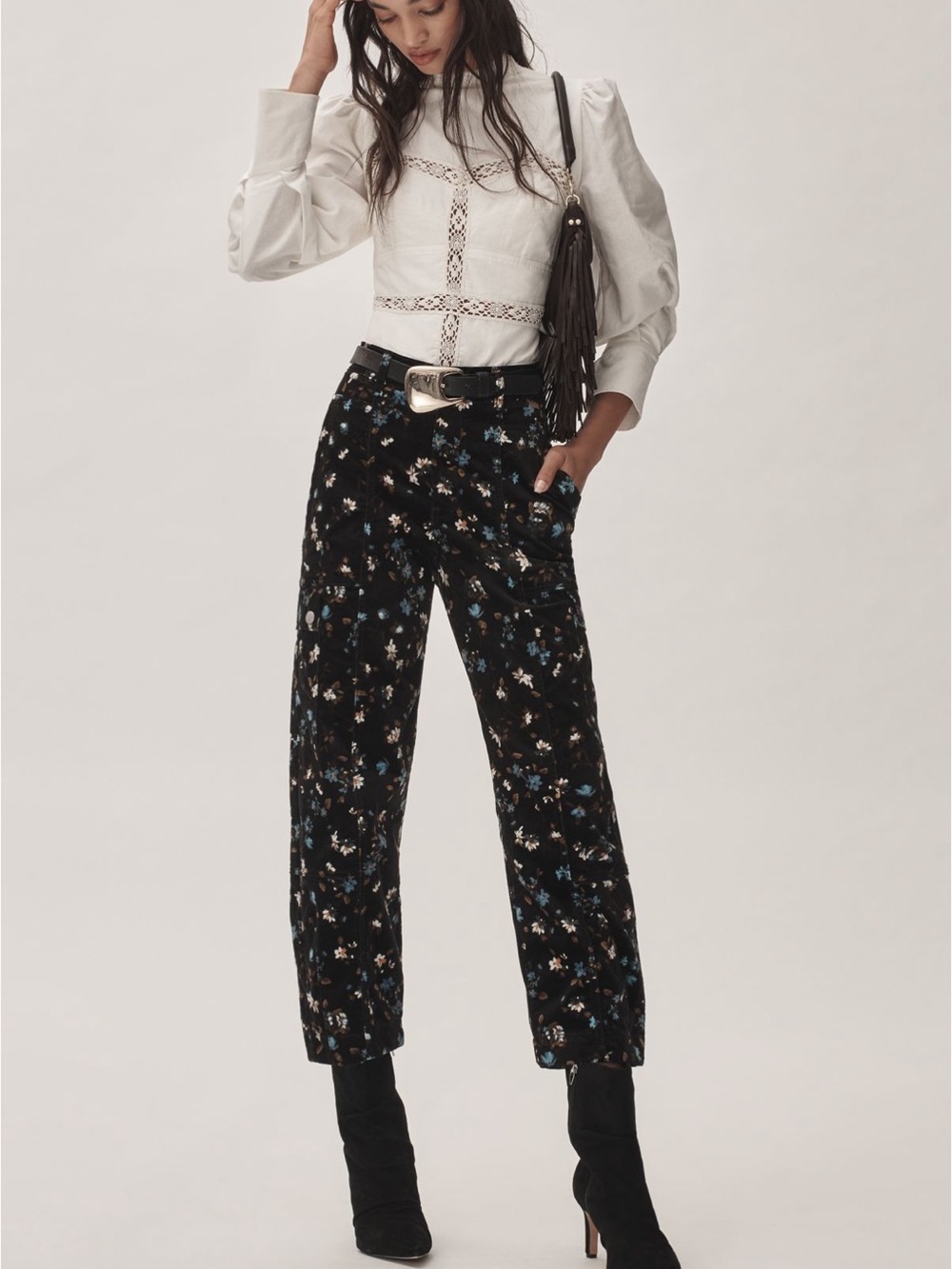 Anthropologie Carson Utility Black Floral Velvet wAnkle Pants